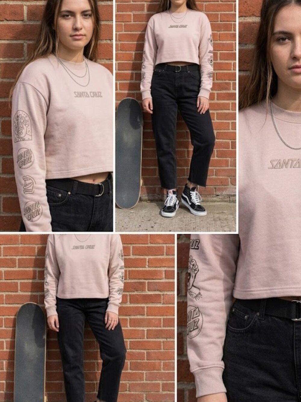 Santa Cruz Skateboards Cropped Sweatshirt M Taupe Tonal Screaming Hand Oversized